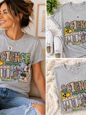 Science Teacher Graphic Tee - Gray with Colorful Lab Print
